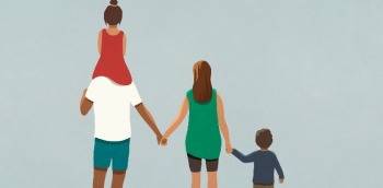 Illustration d'une famille de quatre personnes marchant de dos