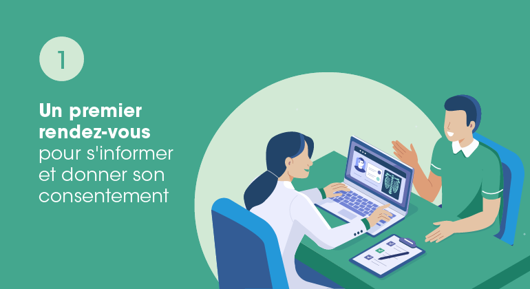 illustration d'homme et d'un médecin lors d'un premier rendez vous pour s'informer et donner son consentement